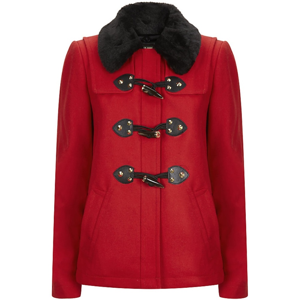 Juicy Couture Red Wool Toggle Duffle Coat with Fur
